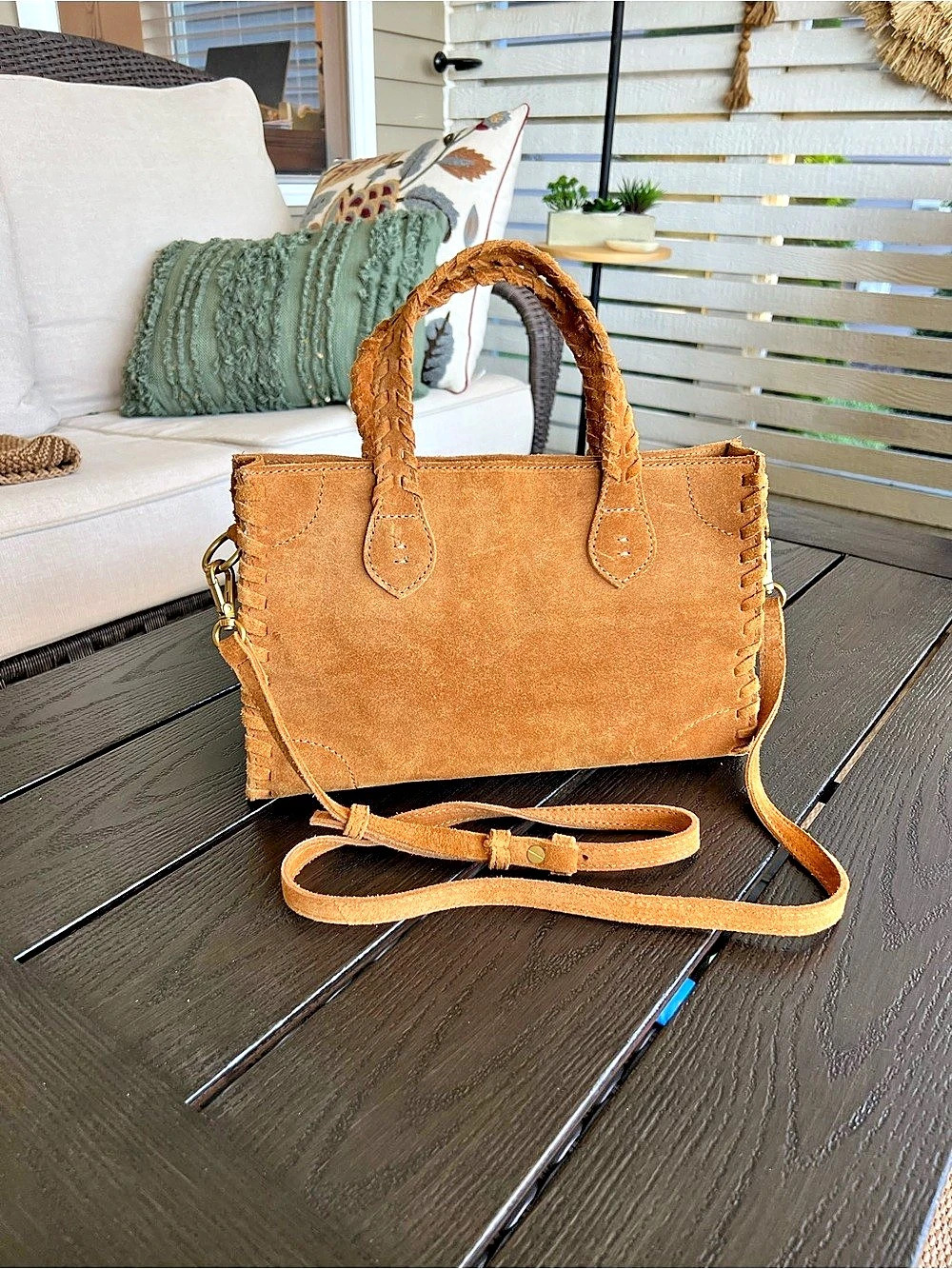 Margot Butterscotch Gold Brown Suede Satchel Shoulderbag